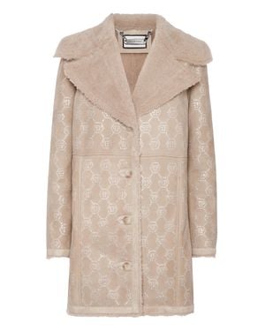 Philipp Plein Shearling Oversize Coat Strass Monogram - Natural
