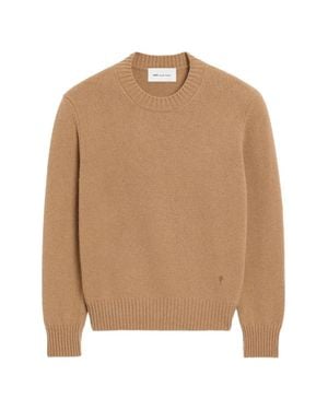 Ami Paris Crew Neck Sweater With Ribbed Cuffs - Natural