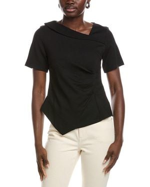 Gracia Asymmetrical Neck Ruched Solid Top - Black