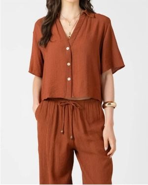 Dex Short Sleeve V-Neck Blouse Top - Brown