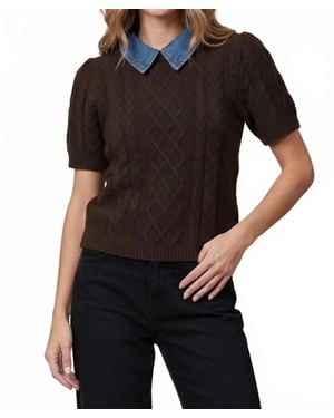 She + Sky Chelsea Cable Knit Denim Collar Sweater Top - Black