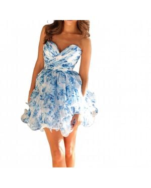 Ava Presley Strapless Floral Layered Organza Dress - Blue
