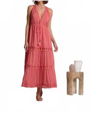 Elan Sleeveless V-Neck Lace Border Maxi Dress - Red