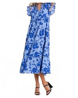 Umgee Floral Print Tiered Midi Dress - Blue