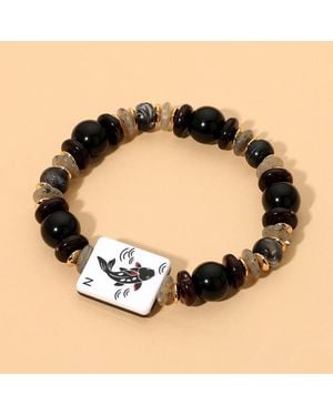 Fashnzfab Mahjong Tile Charm Accent Beaded Stretch Bracelet - Black