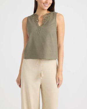 Ellen Tracy Embroidered V-Neck Top - Green