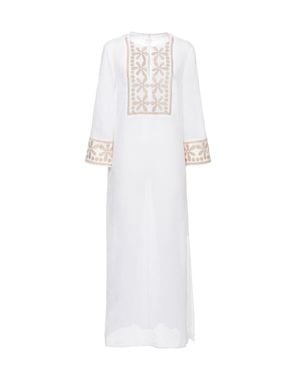 120% Lino Linen Midi Dress With Floral Lurex Embroidery - White