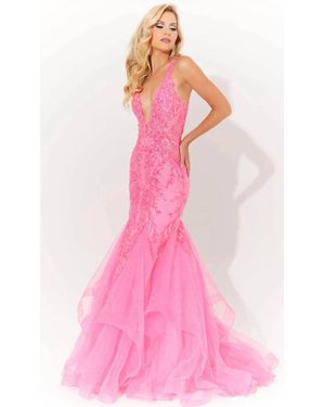 Jasz Couture Floral Applique Embellished Prom Dress - Pink