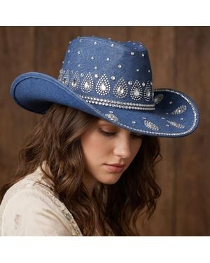 Fashnzfab Decorative Bling Rhinestone Embellished Western Cowboy Hat - Blue