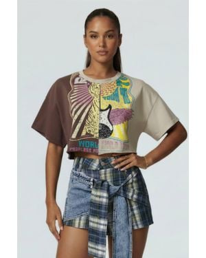 TRUEDAMES Split Graphic Crop Tee - Brown