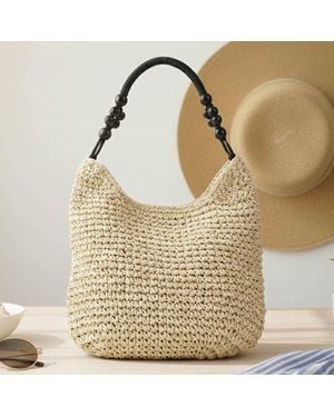 Fashnzfab Beaded Handle Raffia Woven Shoulder Tote Bag - Metallic