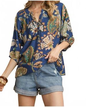 Umgee Boho Paisley Puff Sleeve Blouse - Blue