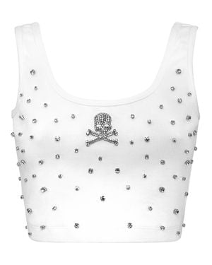 Philipp Plein Jersey Rib Cropped Top Stones - White