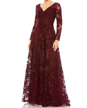Mac Duggal Embellished Illusion Long Sleeve Beaded Lace Gown - Red