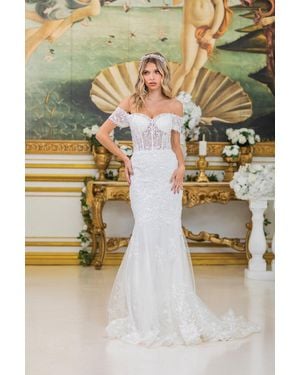 DQ Mermaid Wedding Dress With Lace Embellishments, Sheer Corset Bodice, And Off-Shoulder Sleeves - White