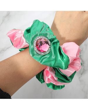 Fashnzfab Rhinestone Accent Satin Two Tone Hair Scrunchie - Green