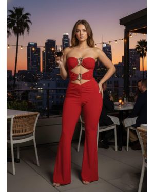 TRUEDAMES Cut-Out,Strapless Jumpsuit That Flares Out - Red
