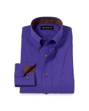 Paul Fredrick Tailored Fit Non-Iron Cotton Solid Dress Shirt With Contrast Trim - Purple