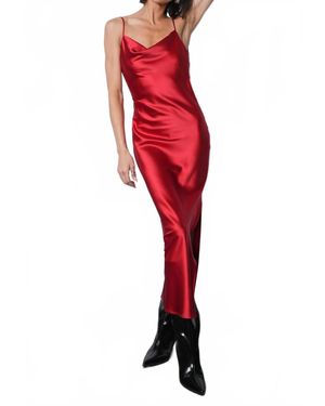 Greylin Isla Cowl Neck Satin Maxi With Slit - Red
