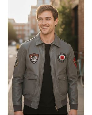 Infinity Leather Flying Leather Bomber Aviator Collar Jacket - Black