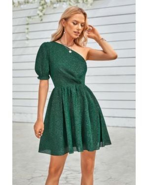 TRUEDAMES Fashnzfab One Shoulder Polka Dot Puff Sleeve Ruffle Dress - Green