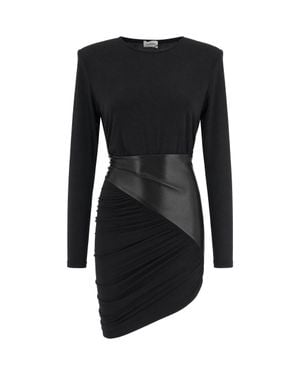 ANDAMANE Asymmetrical Draped Synthetic Leather Jersey Mini Dress - Black