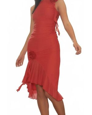 Main Strip Rosette Ruffle Midi Dress - Red