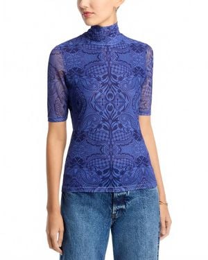 Johnny Was Mesh Elbow Sleeve Mock Neck Top - Blue
