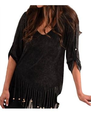 Angel Stone Wash Cut Out Fringe Top - Black