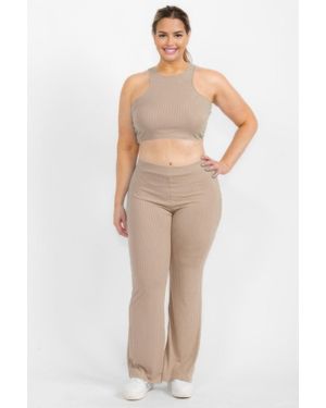TRUEDAMES Plus Ribbed Cropped Top And Bootcut Pants Sets - Natural