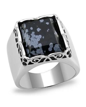 Fashnzfab High Polished (No Plating) Stainless Steel Ring With Semi-Precious Snowflake Obsidian - Metallic