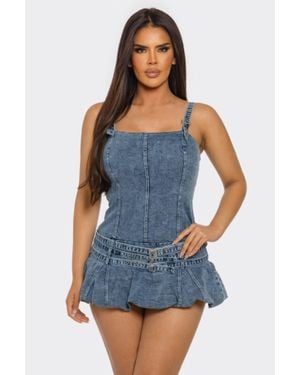 TRUEDAMES Denim Romper Dress With Adjustable Straps And Belt - Blue