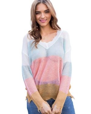 Main Strip Frayed Light Weight Sweater - Multicolor