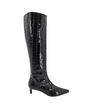 Madison Maison Tall Moc Croc Pointy Toe Kitten Heel Boot - Black