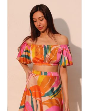 TRUEDAMES Isla Tropical Satin Bubble Sleeve Crop Top - Orange