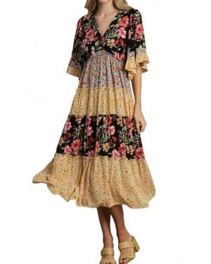 Umgee Mixed Floral Print Bohemian Midi Dress - Natural