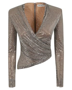 Self-Portrait Charcoal Rhinestone Mesh Wrap Top - Gray