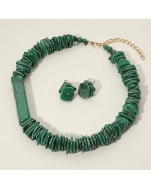 Fashnzfab Chunky Flat Square Beaded Statement Necklace - Green