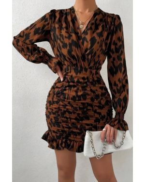 TRUEDAMES Ruched Ruffled Leopard Long Sleeve Fit Dress - Brown