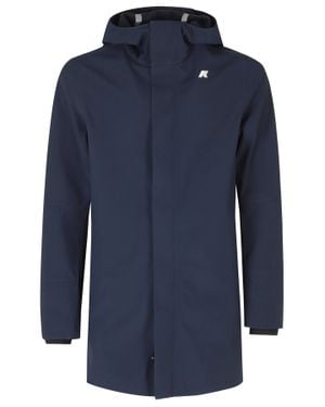 K-Way High-Collar Jacket With Attached Hood And Zippered Pockets - Blue