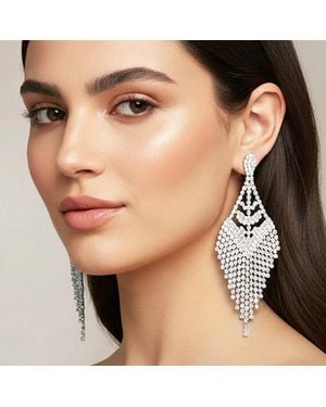 Fashnzfab Bold Rhinestone Chandelier Drop Statement Evening Earrings - Black