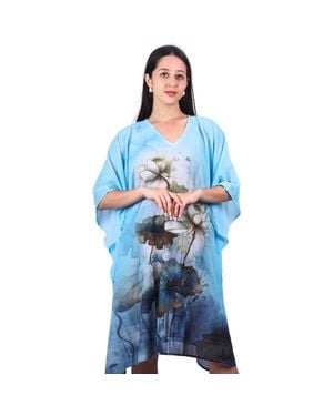 TRUEDAMES Tranquil Lotus Watercolor Kaftan Dress For Beach Resort Wear - Blue