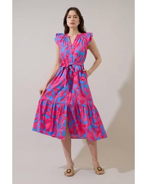 Sugarlips Meira Floral Charlotte Button Midi Dress - Pink