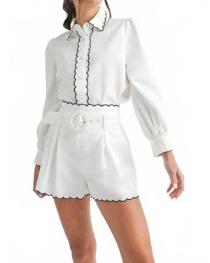 EB Luxe Button-Up Blouse And Pleated Shorts Set - White