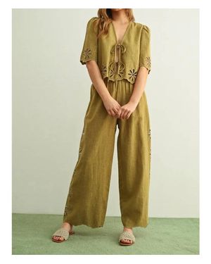 Miou Muse Embroidered Tie Front Top - Natural