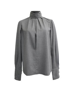 Chloé Pleated Neckline Long Sleeve Blouse - Gray