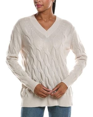 Forte Long Cable V-Neck 100% Cashmere Sweater - Gray