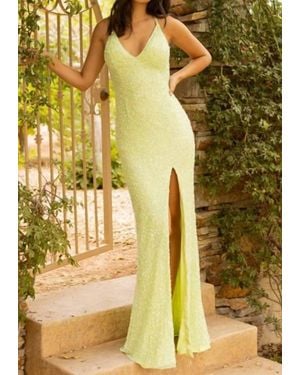 Primavera Deep V Neck Long Sequin Prom Dress - Yellow