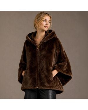 TRUEDAMES Reversible Hooded Faux Fur Cape Jacket - Brown