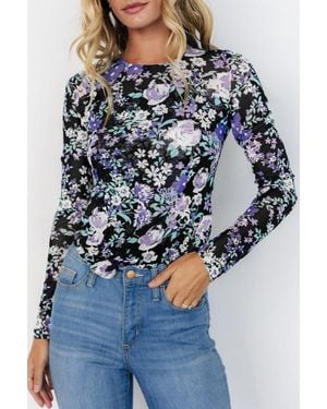 TRUEDAMES Floral Print Mesh Fitted Long Sleeve Top - Blue